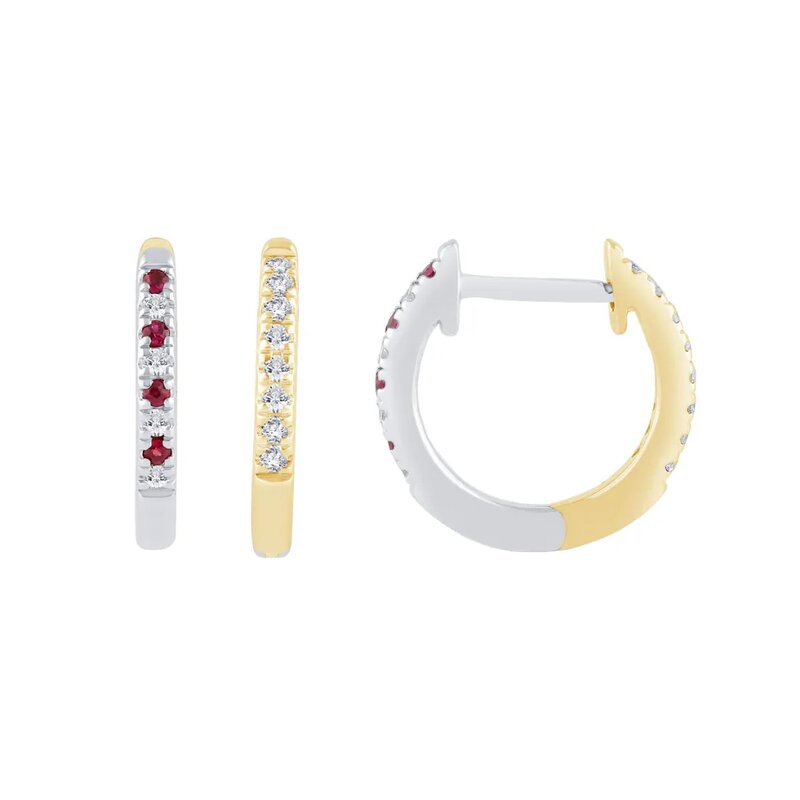 Aretes Huggies Oro Combinado 14k con Diamantes y Rubíes