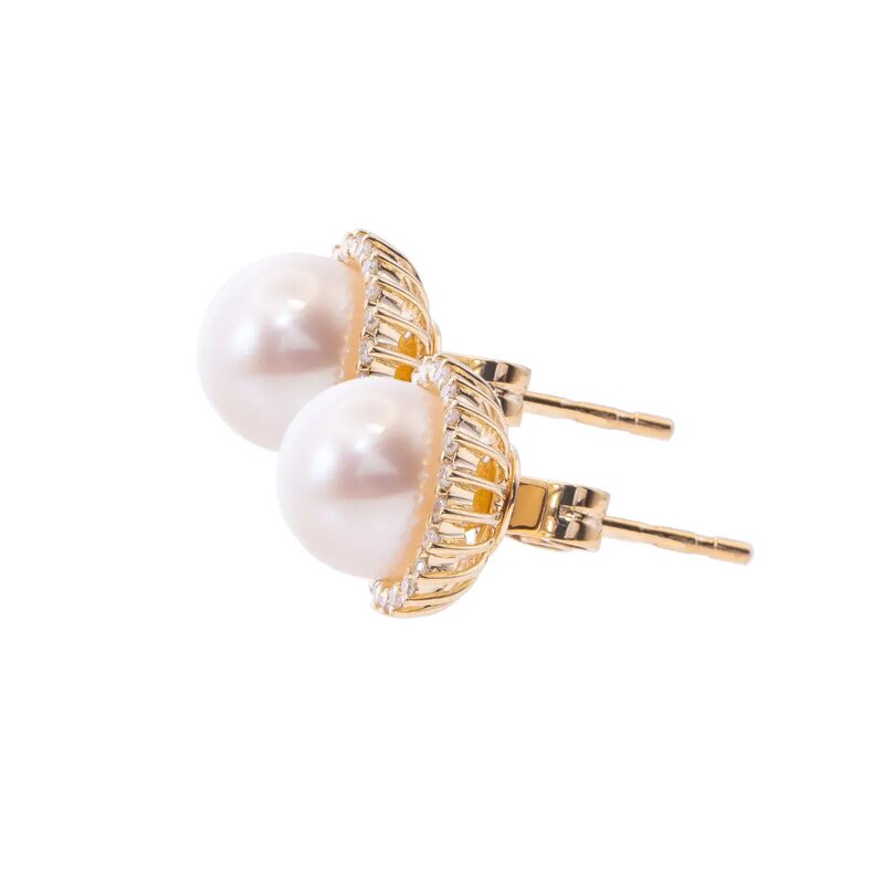 Aretes Oro Amarillo 14k Estilo Broquel con Perlas