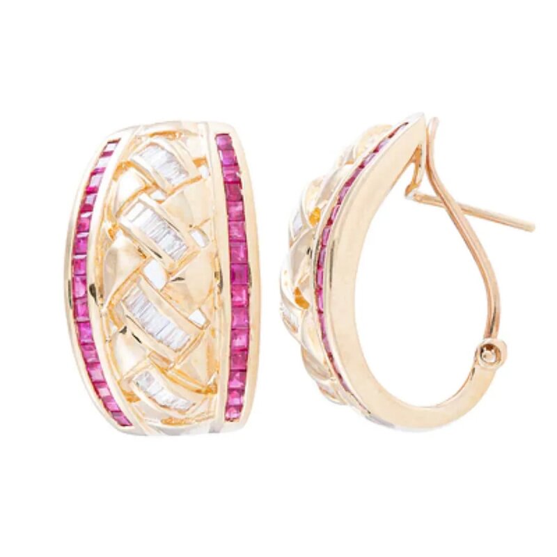Aretes Tejidos En Oro 14k Con Diamantes Y Rubíes