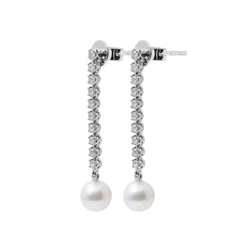 Aretes Largos Oro Blanco 14k con Diamantes y Perla