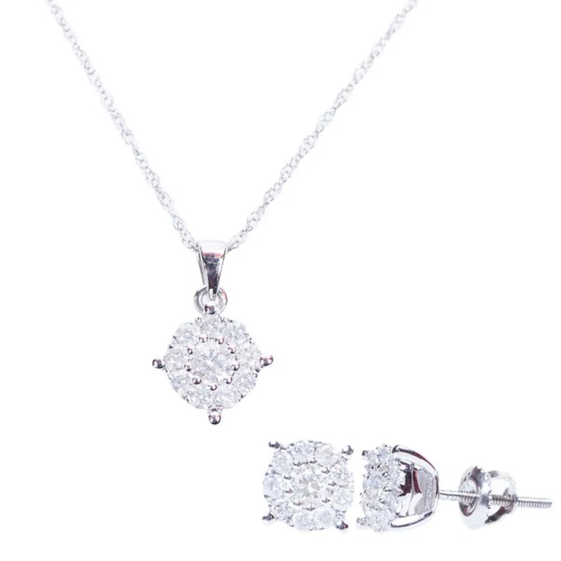 Set De Gargantilla Y Aretes En Oro Blanco 14k Con Diamantes