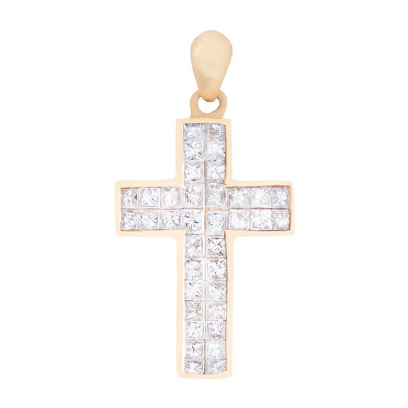 Dije De Cruz En Oro 18k Con Diamantes Corte Princesa