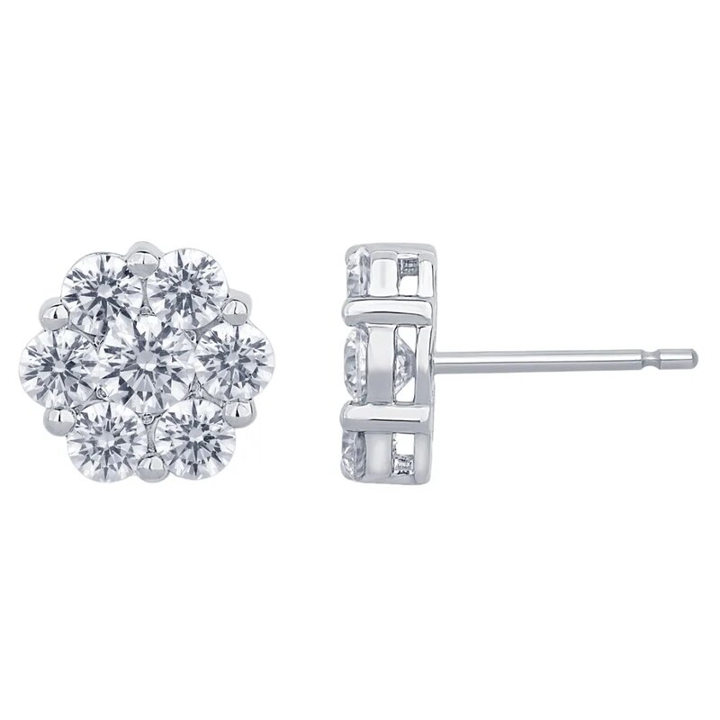 Aretes Oro Blanco 14k Estilo Flor con Diamantes