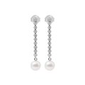 Aretes Largos Oro Blanco 14k con Diamantes y Perla