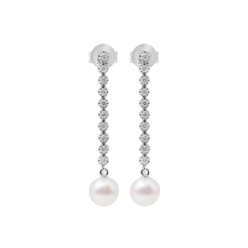 Aretes Largos Oro Blanco 14k con Diamantes y Perla