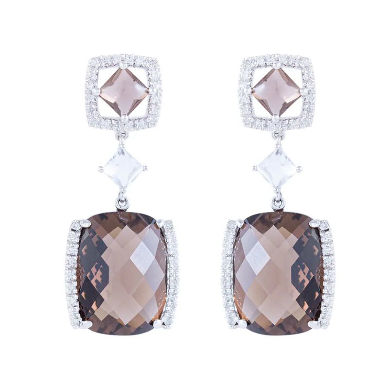 Aretes En Oro Blanco 14k Con Topacio Ahumado Y Diamantes