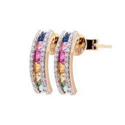 Aretes Oro Amarillo 14k Estilo Media Arracada con Diamantes