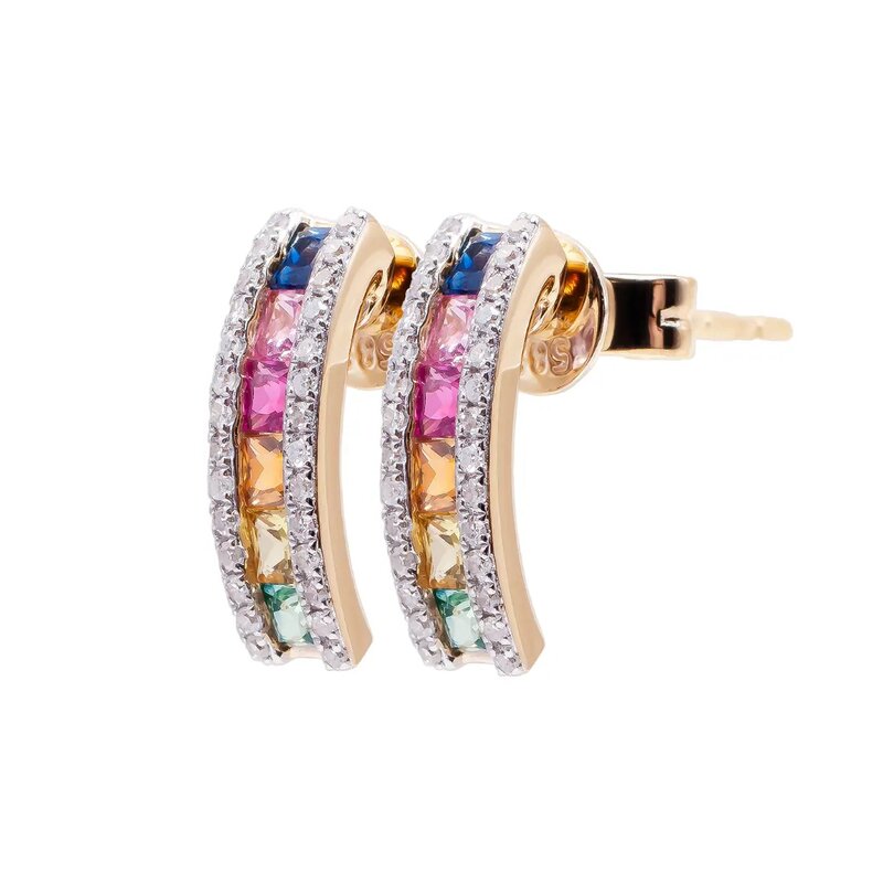 Aretes Oro Amarillo 14k Estilo Media Arracada con Diamantes