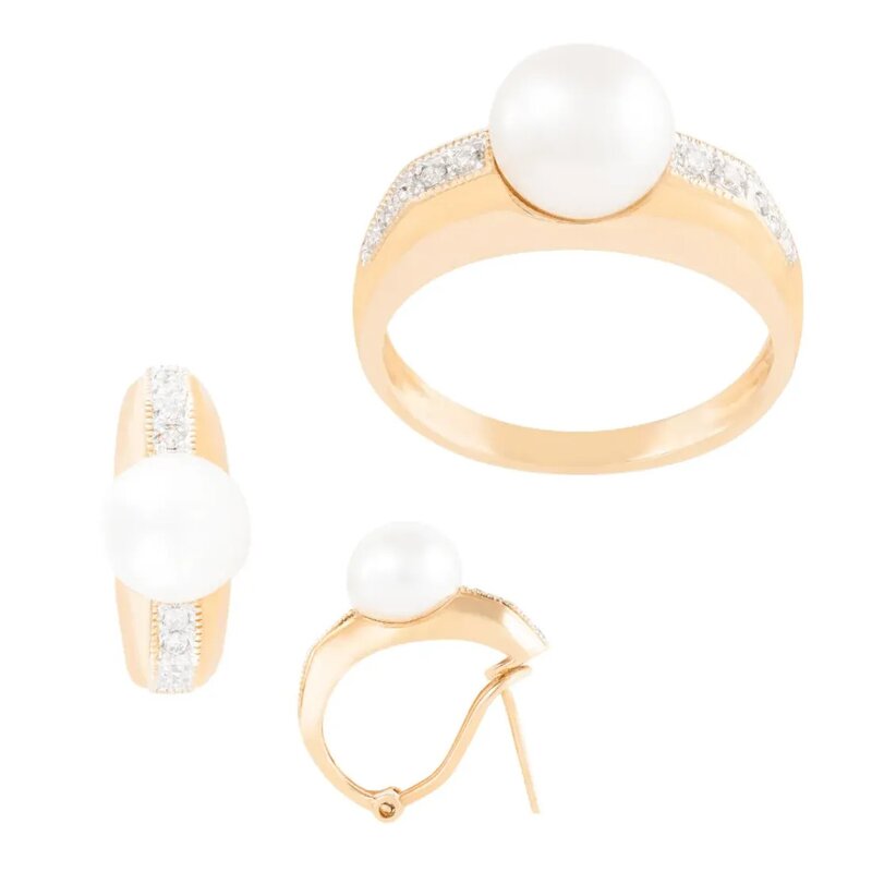 Set Anillo Y Aretes De Oro 14k Con Perlas Naturales Y Diaman