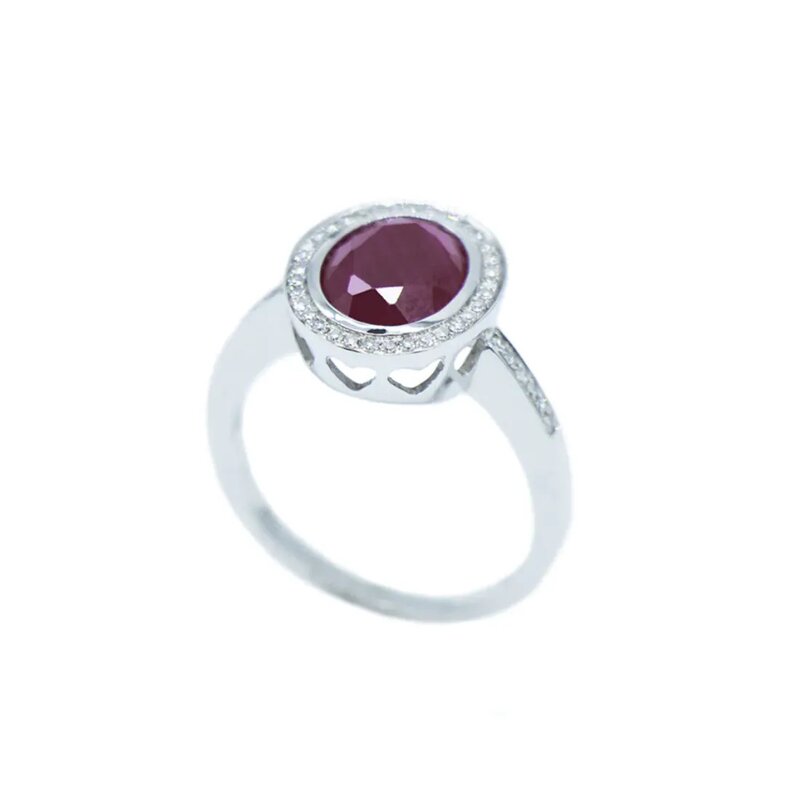 Anillo Estilo Halo Oro Blanco 14k Con Rubí Corte Oval Y Diam