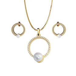 Set cadena y aretes oro amarillo 14k con Perlas y Diamantes