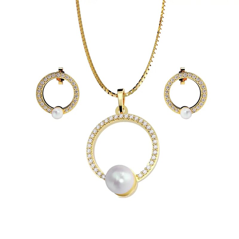 Set cadena y aretes oro amarillo 14k con Perlas y Diamantes