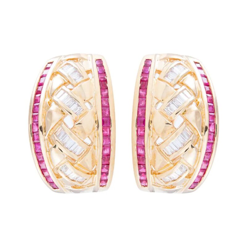 Aretes Tejidos En Oro 14k Con Diamantes Y Rubíes