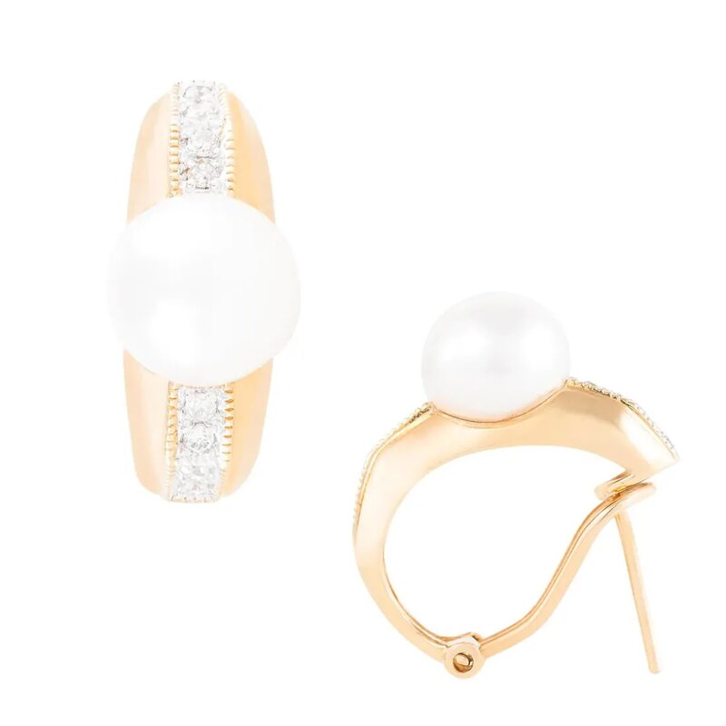 Set Anillo Y Aretes De Oro 14k Con Perlas Naturales Y Diaman