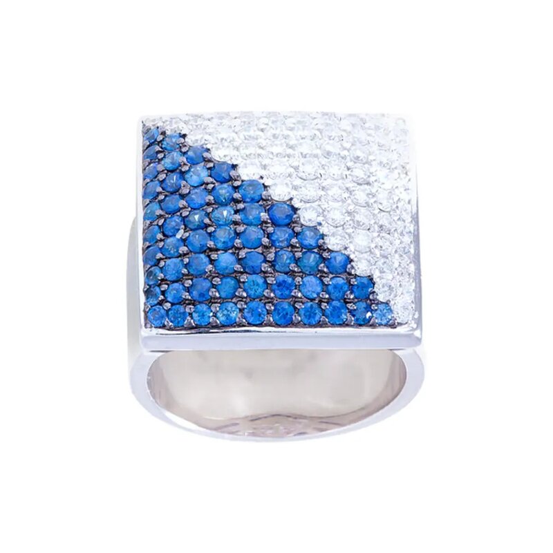 Anillo Geométrico Oro 14k Con Diamantes Y Zafiros