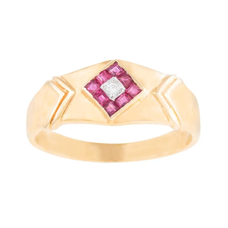 Anillo Geometry En Oro 14k Con Diamante Y Rubíes